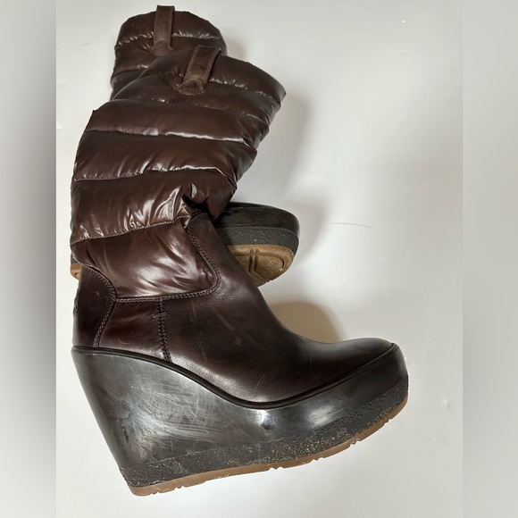 GUC MONCLER BROWN LEATHER DOWN QUILTED NYLON SHAFT TALL SIZE 39 WEDGE PUFF BOOTS - Picture 13 of 15
